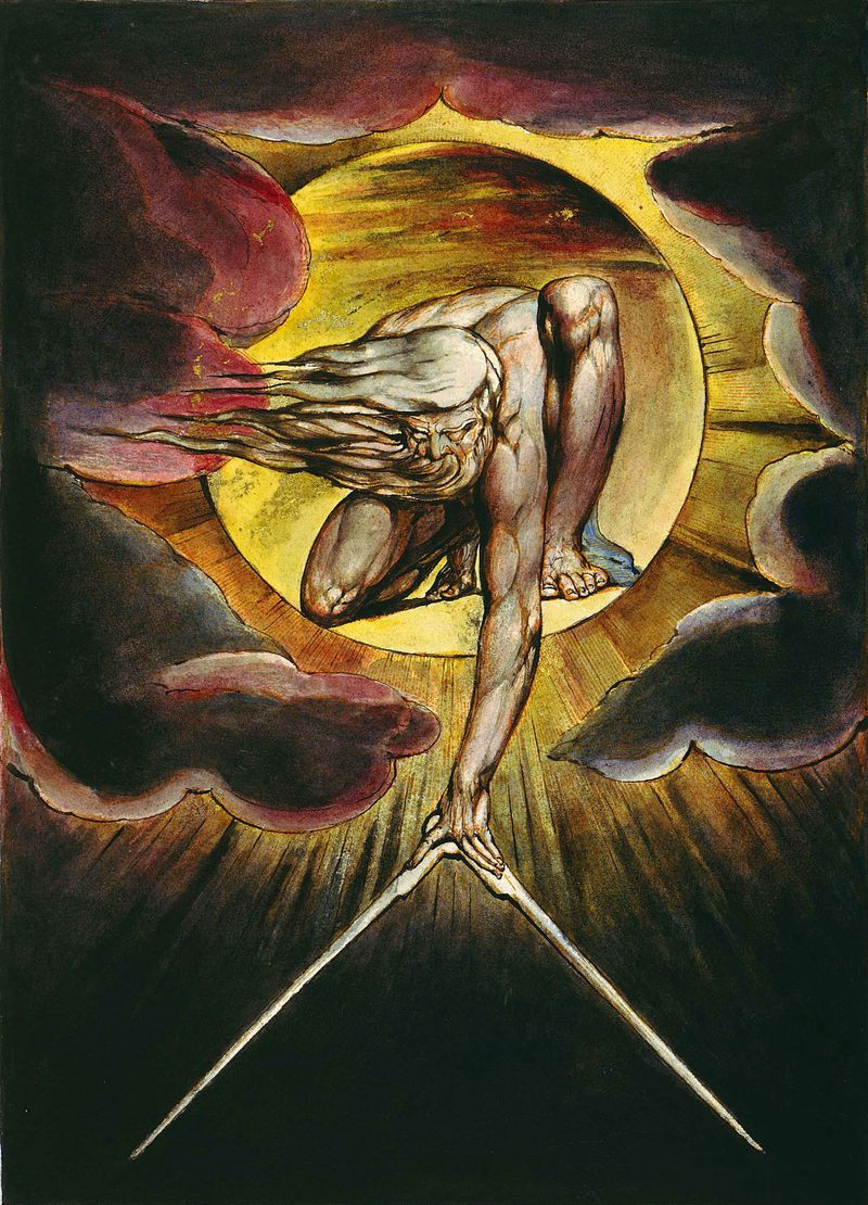 Fenoflare — William Blake's The Ancient of Days: a white-bearded figure crouched inside a golden sun, reaching down into darkness with a pair of compasses (public domain)
