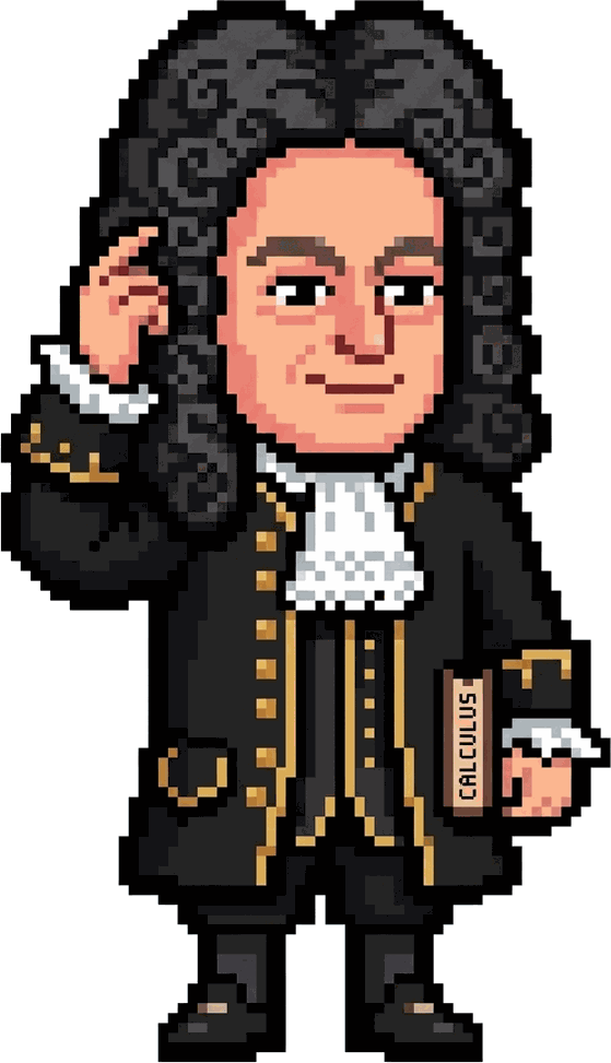 Leibniz Legible — a pixel-art Leibniz in a long black periwig, black coat with gold braid and lace jabot, one finger raised to his temple, holding a small book labelled Calculus