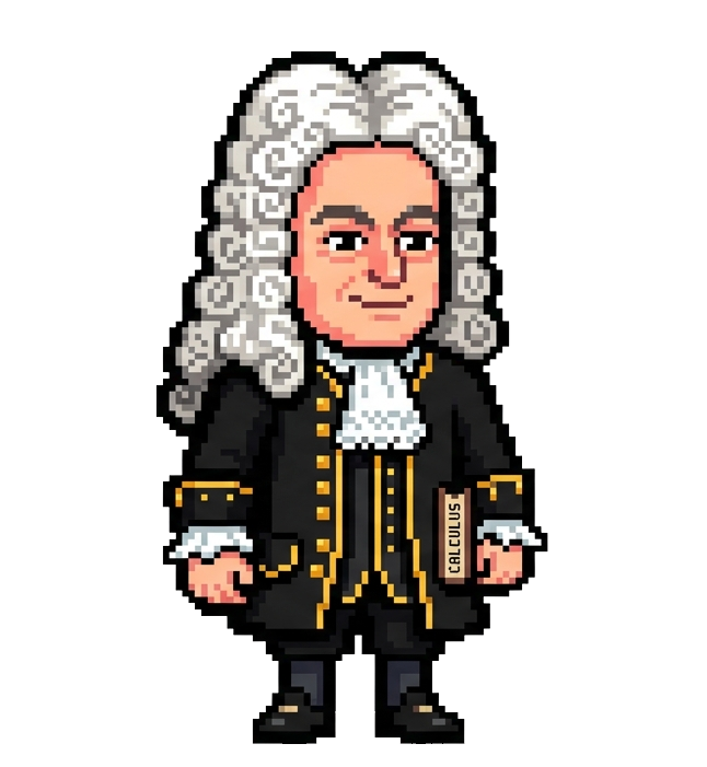 Leibniz Legible — a pixel-art Leibniz in a long white periwig, black coat with gold braid and lace jabot, holding a small book labelled Calculus